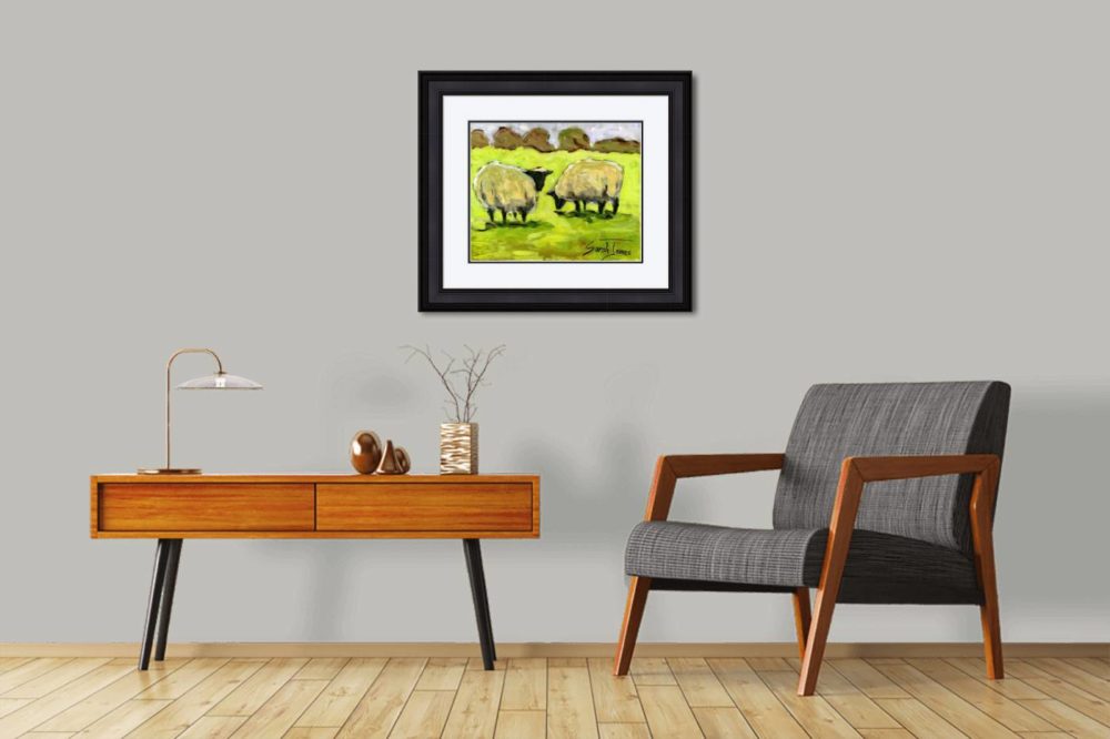 The Two Sheep Print In Black Frame In Room