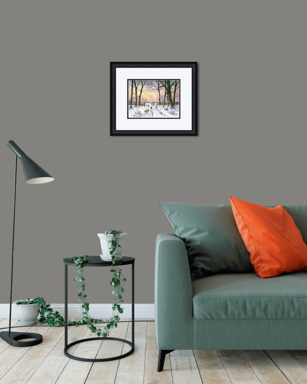 Woodland Snow Print (Small) in Black Frame in Room