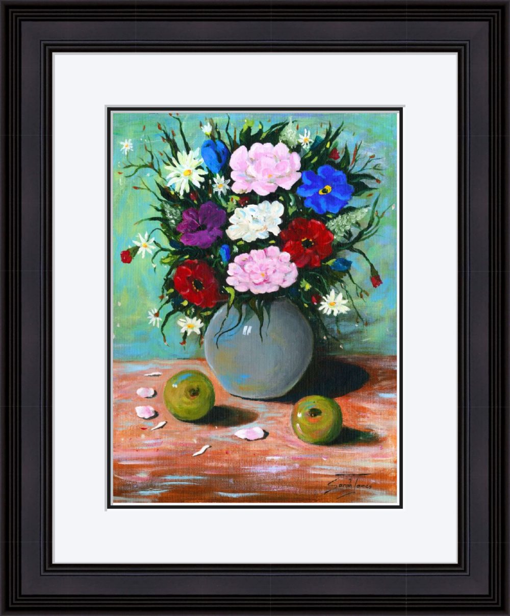 Flowers and Apples Print In Black Frame