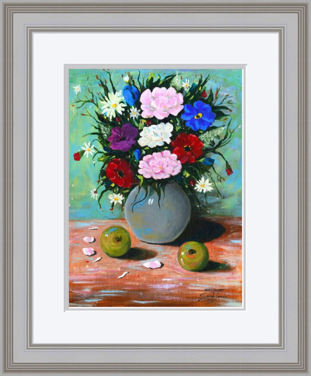 Flowers and Apples Print In Grey Frame