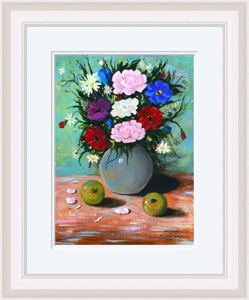 Flowers and Apples Print In White Frame