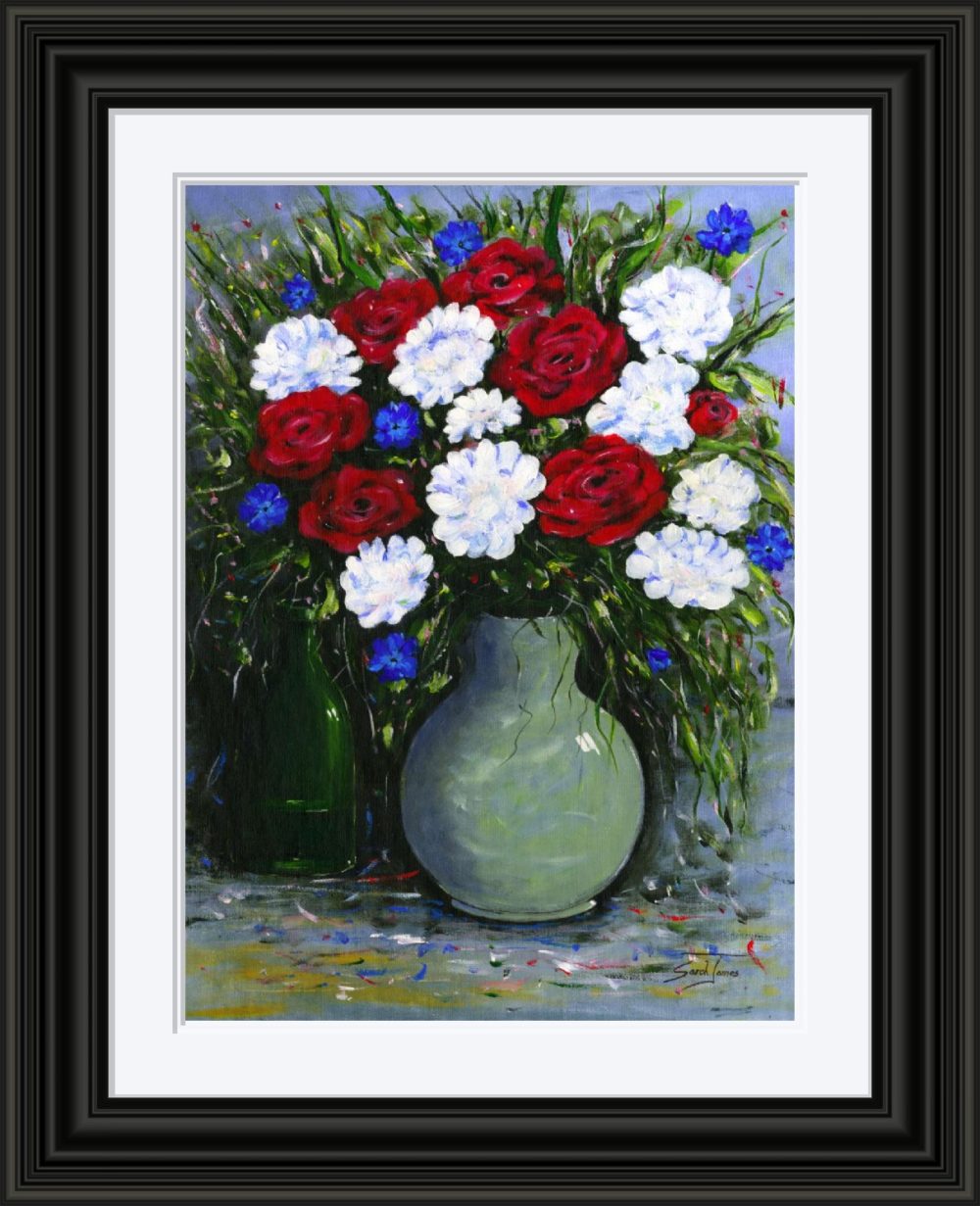 Cornflowers and Roses in Black Frame