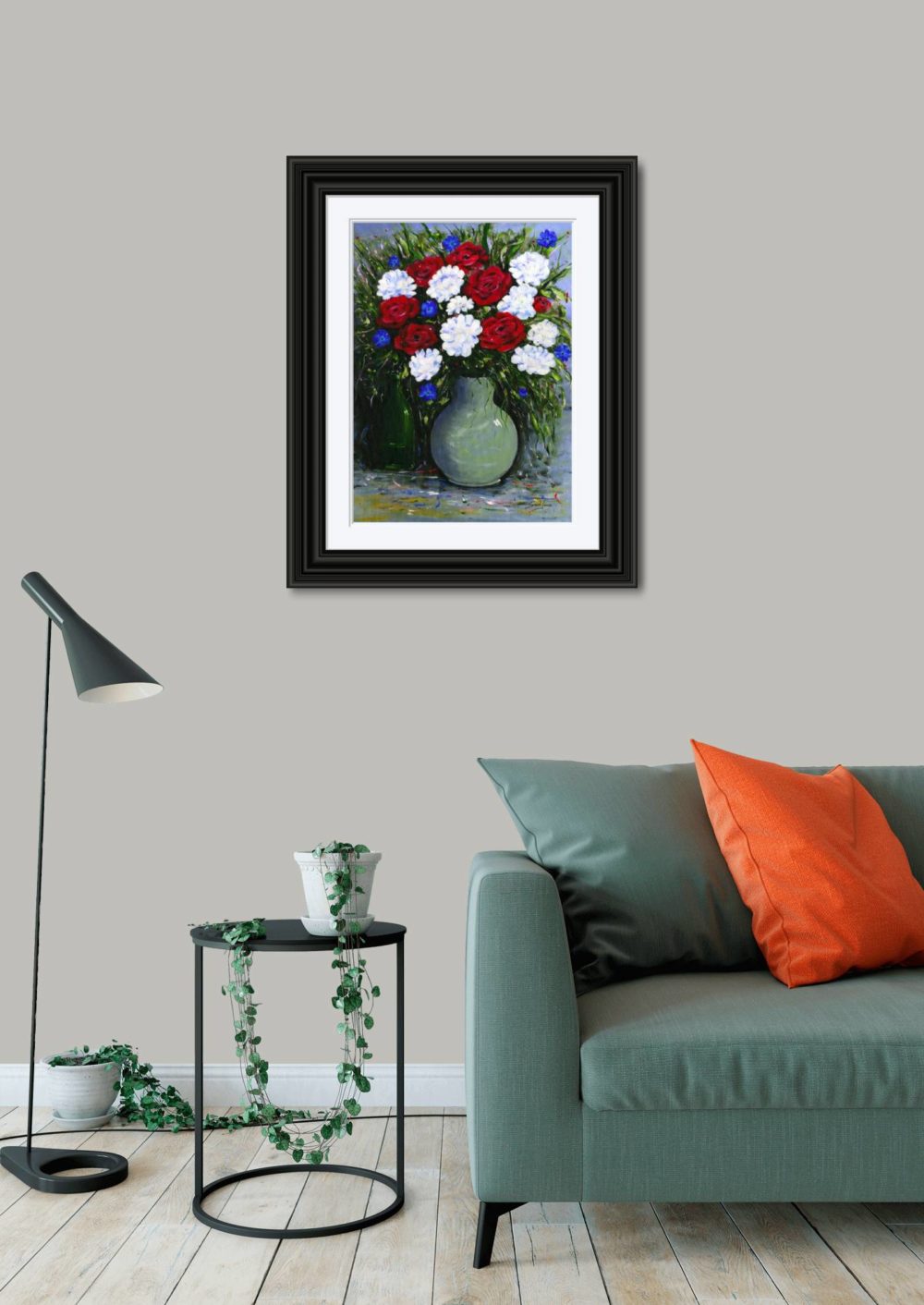 Cornflowers and Roses in Black Frame in room