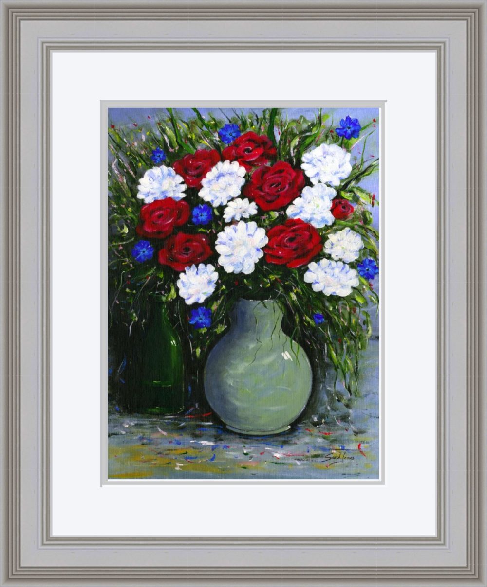 Cornflowers and Roses Print In Grey Frame