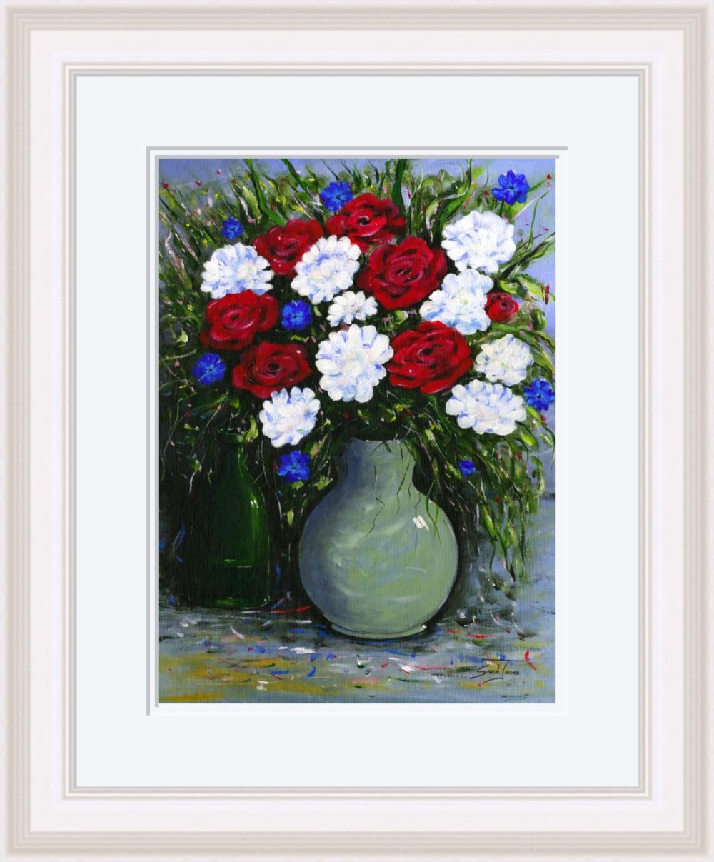 Cornflowers and Roses Print In White Frame