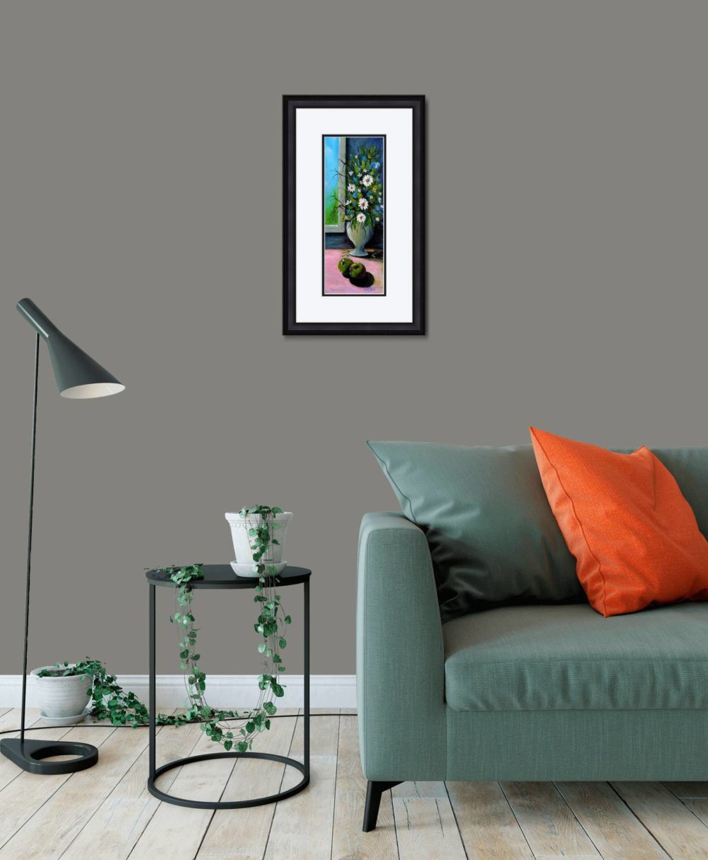 Apples and Daisies Print (Small) In Black Frame In Room
