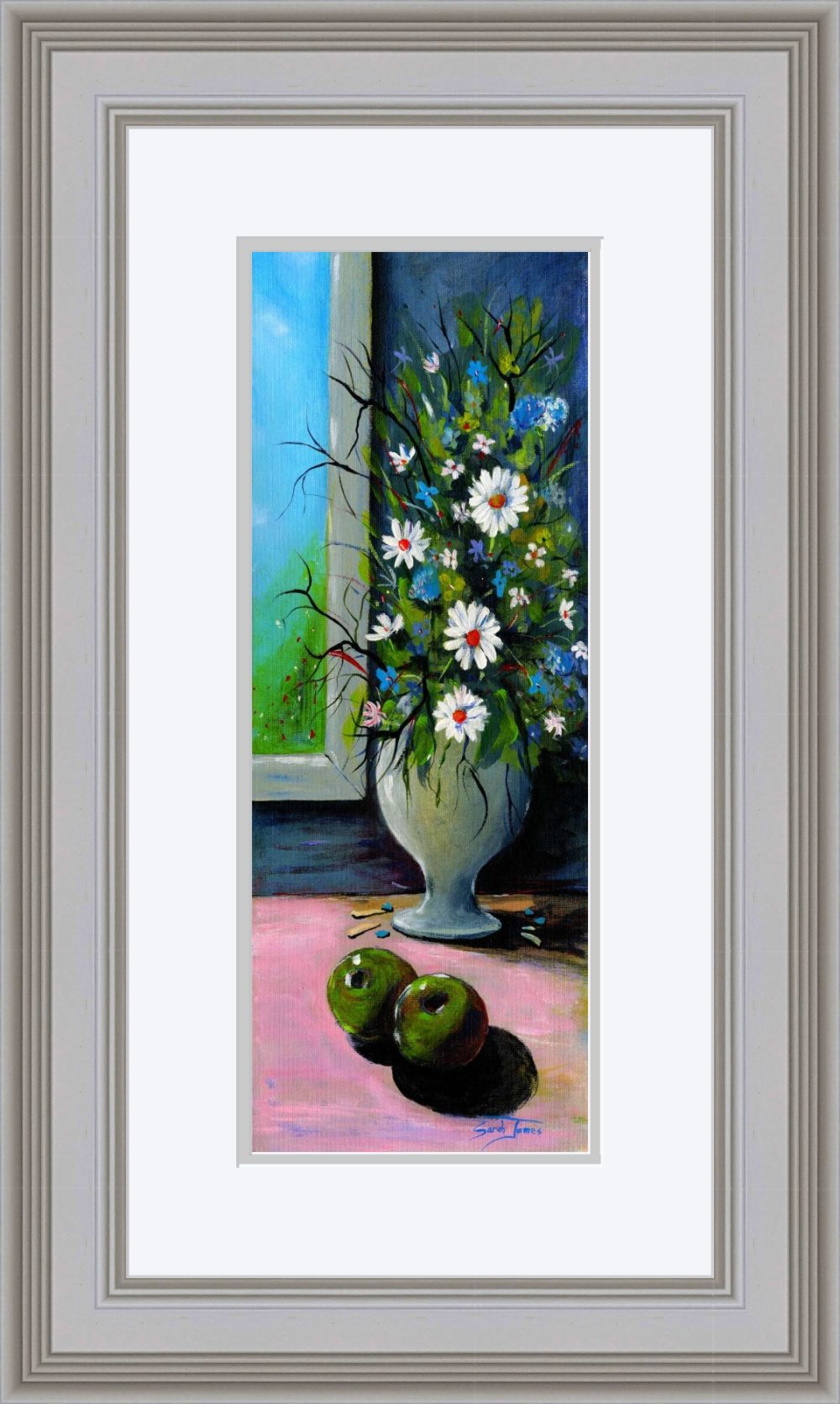 Apples and Daisies Print (Medium) In Grey Frame