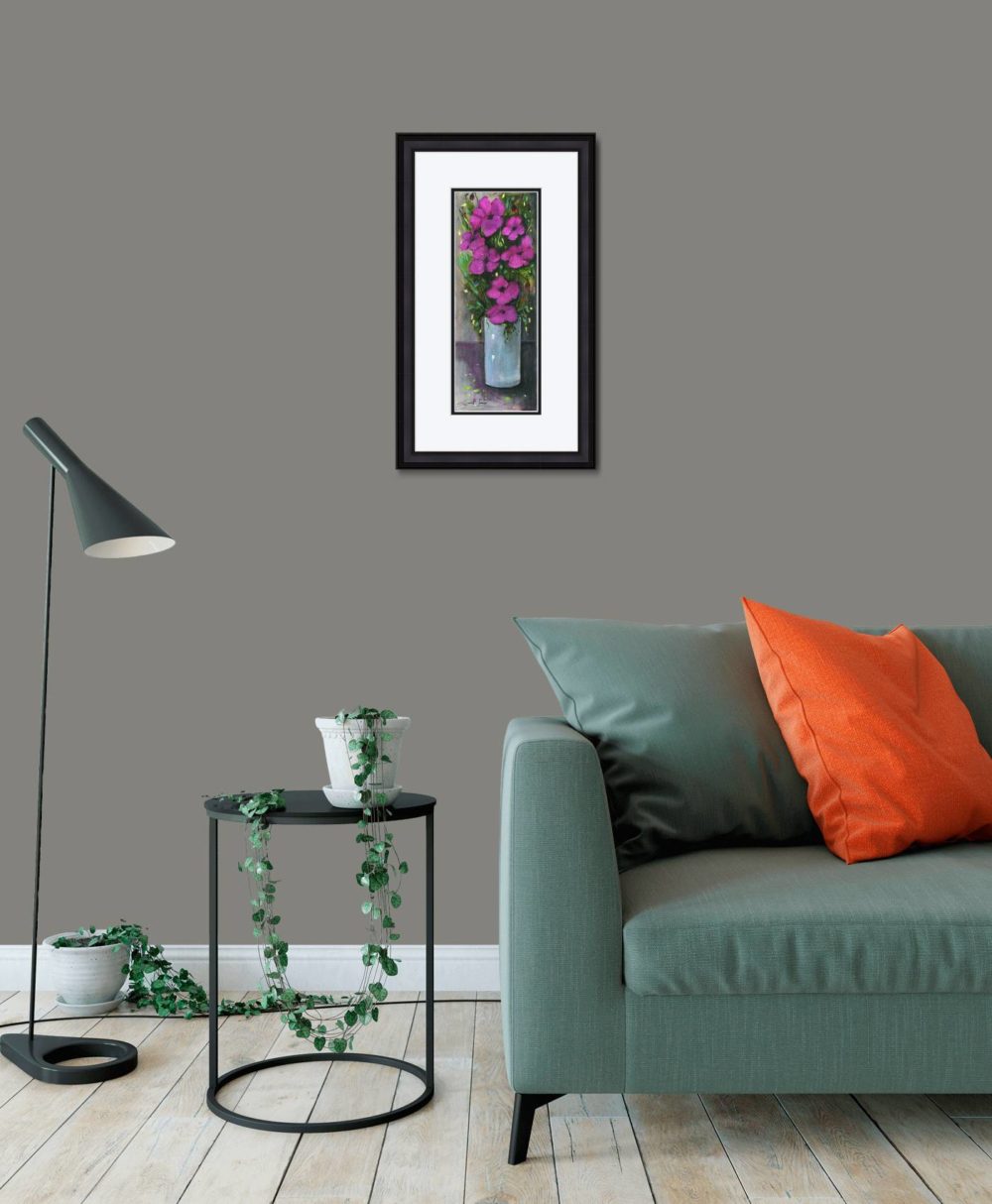 Purple Flowers Print (Small) in Black Frame in Room