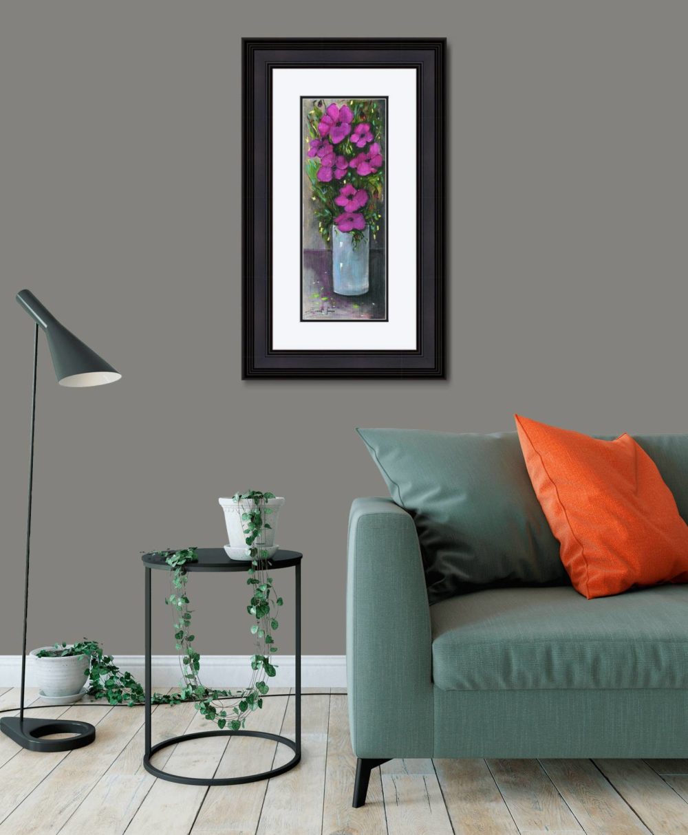 Purple Flowers Print (Medium) in Black Frame in Room