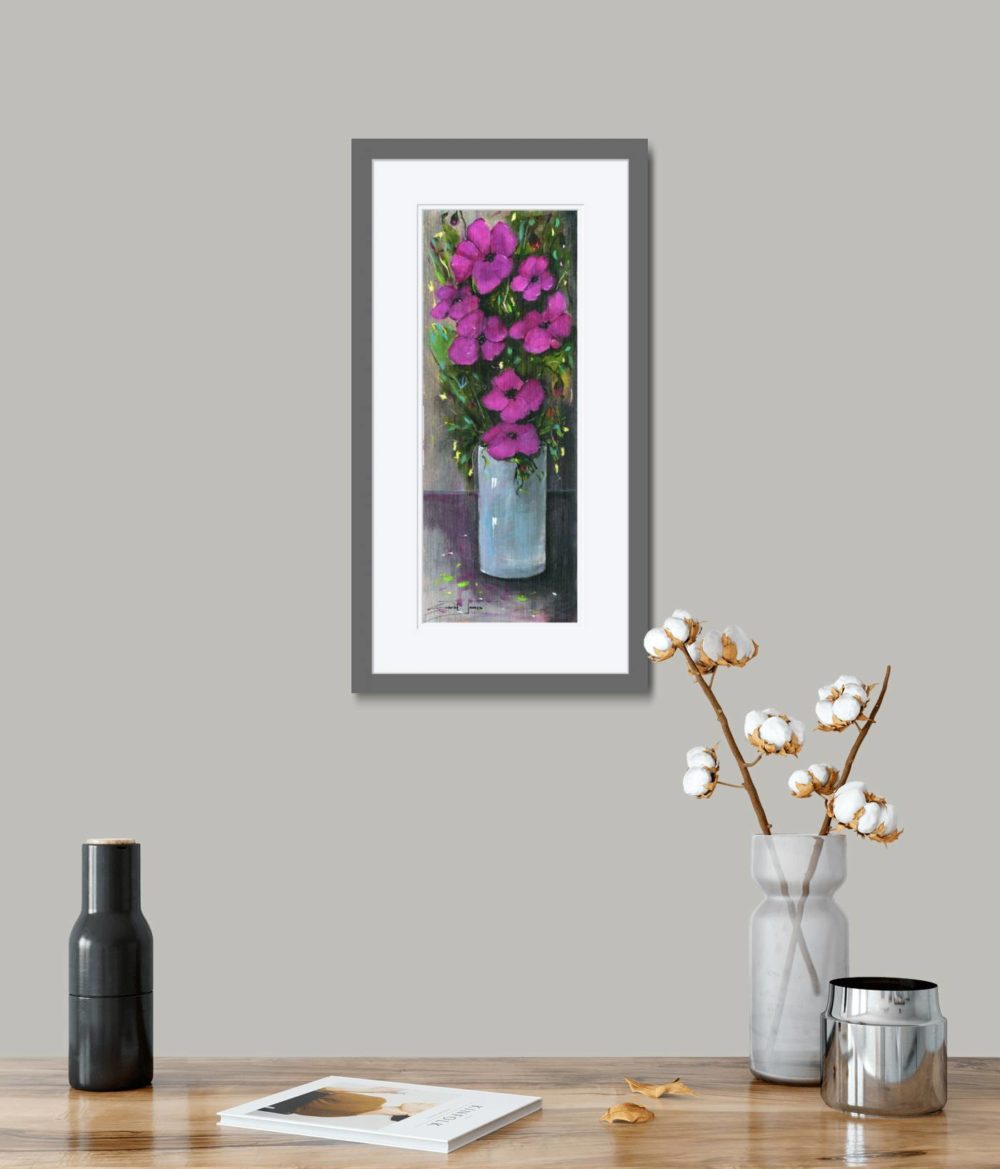 Purple Flowers in Grey Frame in room