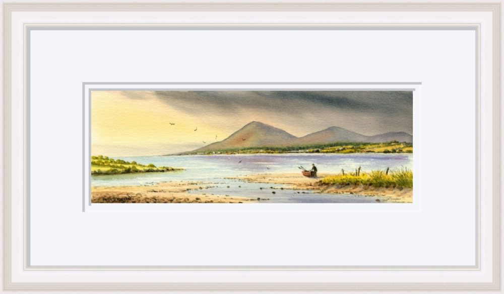 The Mournes At Dundrum Bay Print in White Frame