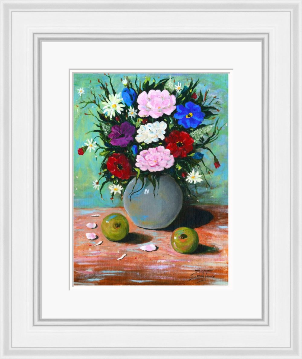 Flowers and Apples in White Frame