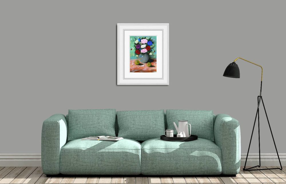 Flowers and Apples in White Frame in room