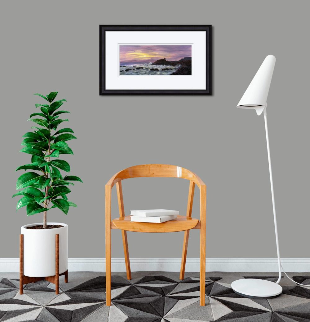 Last Light At The Causeway Print In Black Frame In Room
