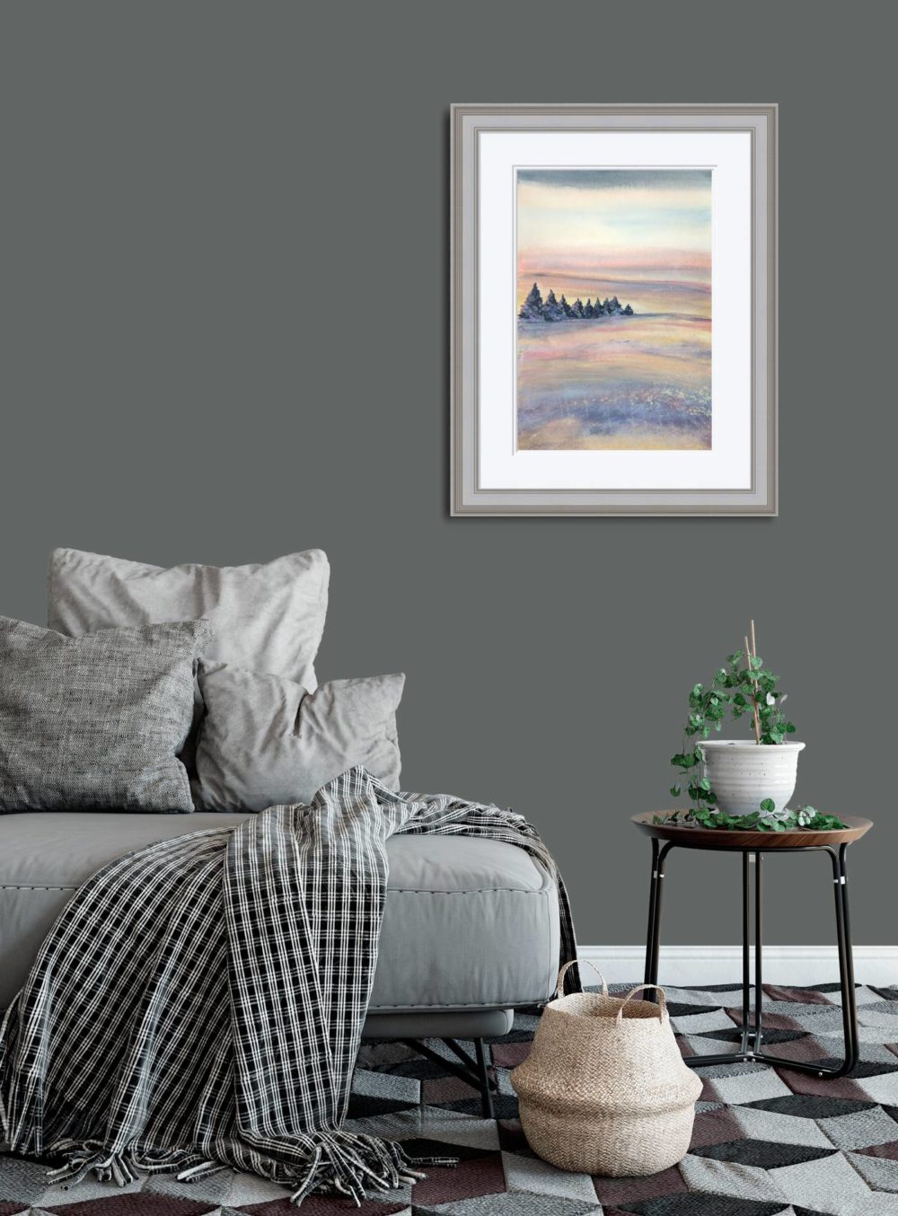 Forest Sunset In Grey Frame In Room