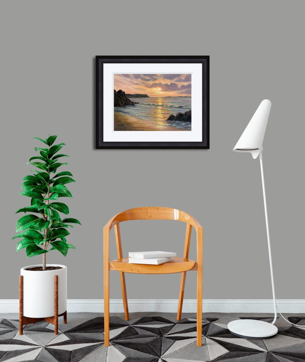 Evening On The Antrim Coast Print (Small) In Black Frame In Room