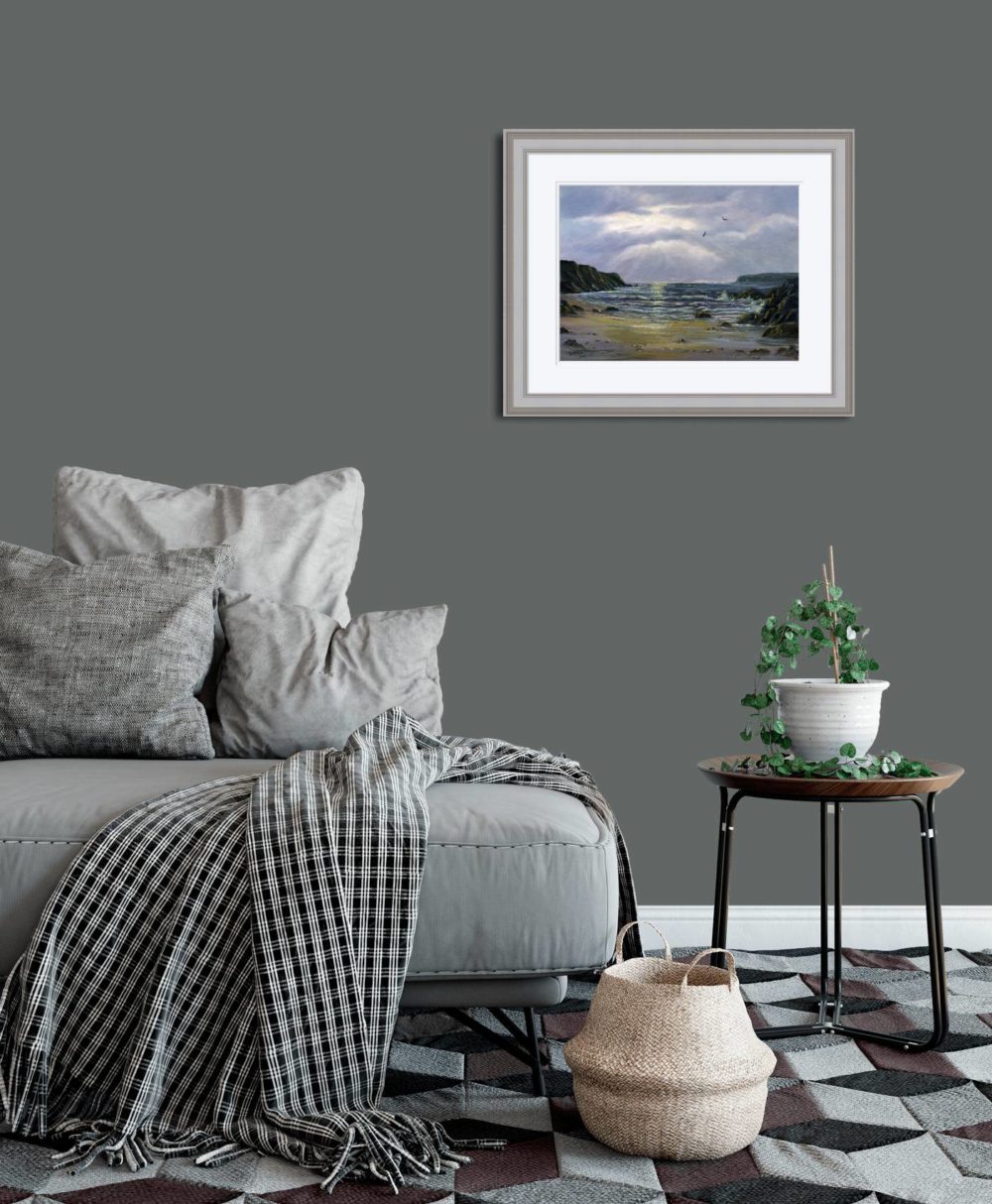 Evening On The North Coast Print (Small) In Grey Frame In Room