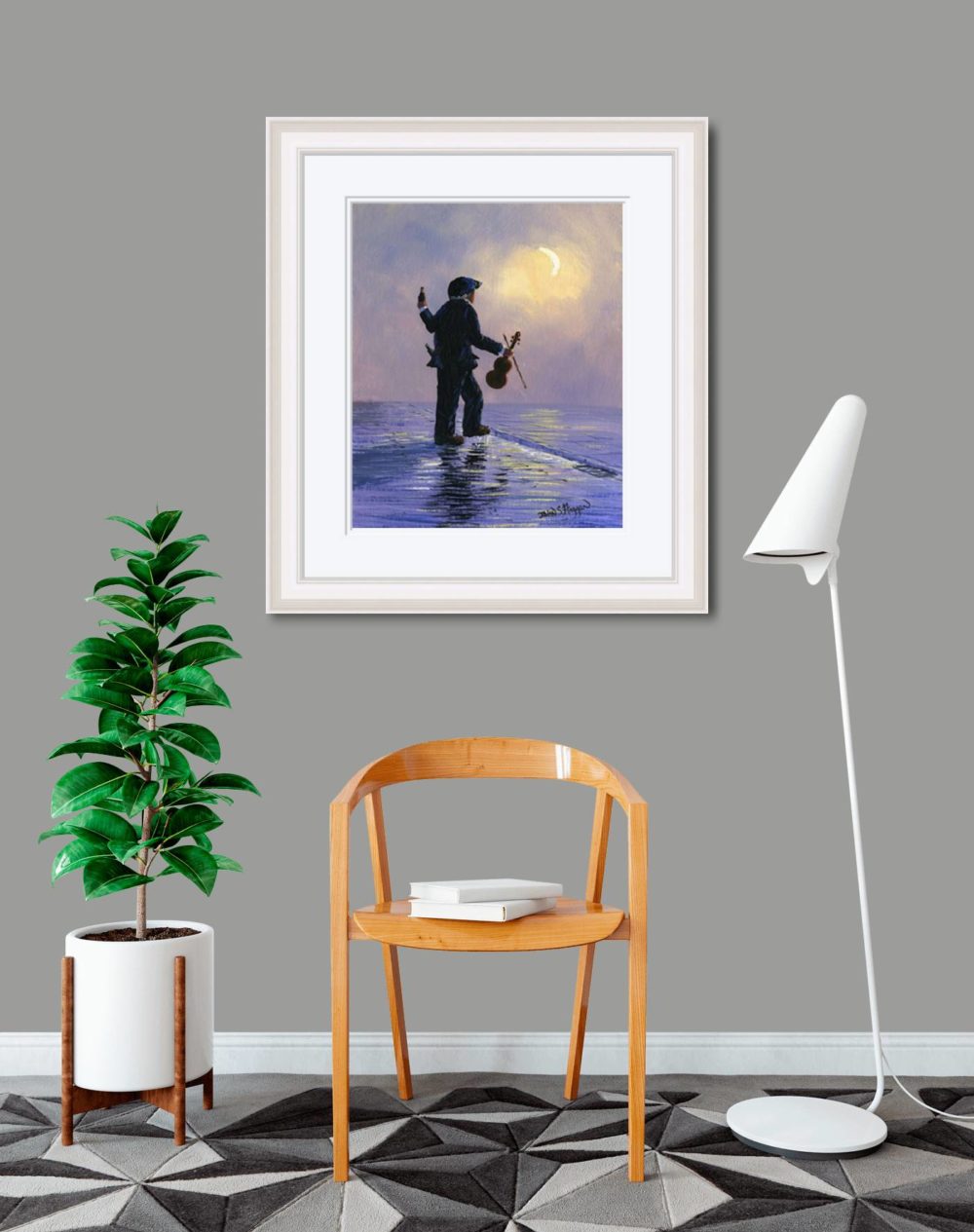 Howling By Moonlight Print (Large) In White Frame In Room