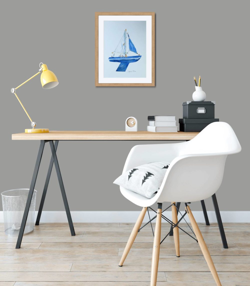 The New Blue Boat Print In Wooden Frame In Room