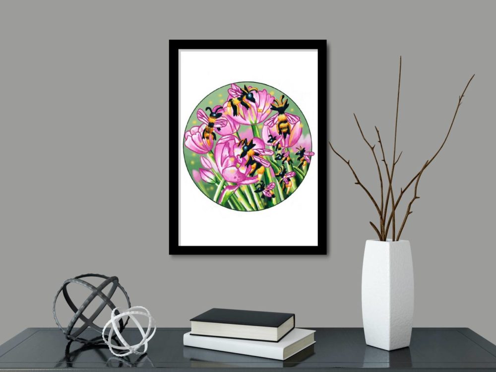 Bumble Bee's and Tulips Print In Black Frame In Room