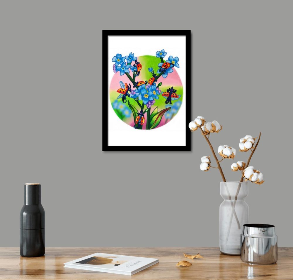 Ladybirds With Forget Me Nots Print In Black Frame In Room