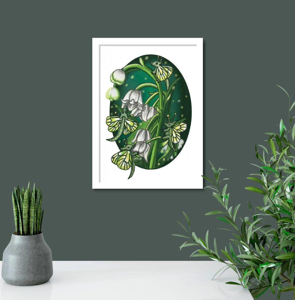Butterflies and Lily Of The Valley Print In White Frame In Room