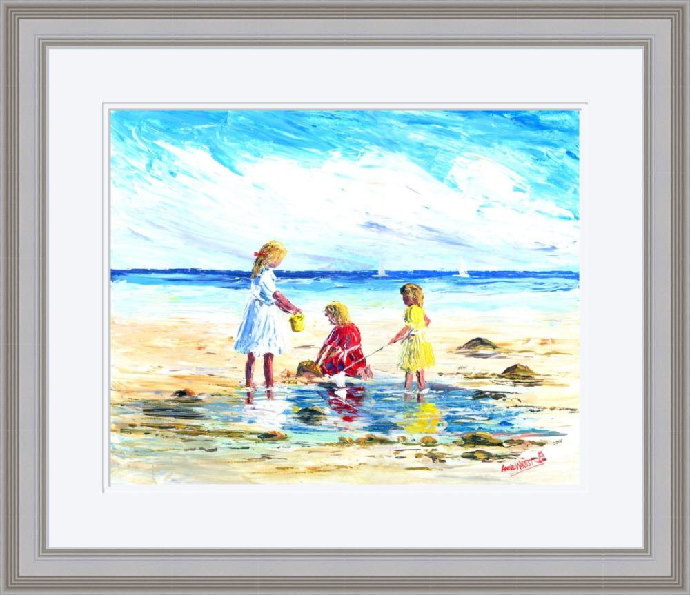 Children In The Rockpools Print In Grey Frame