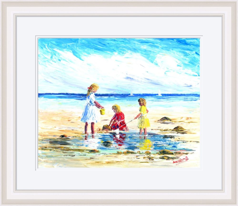 Children In The Rockpools Print In White Frame
