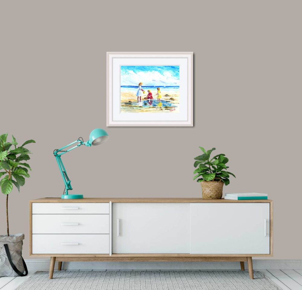 Children In The Rockpools Print (Small) In White Frame In Room