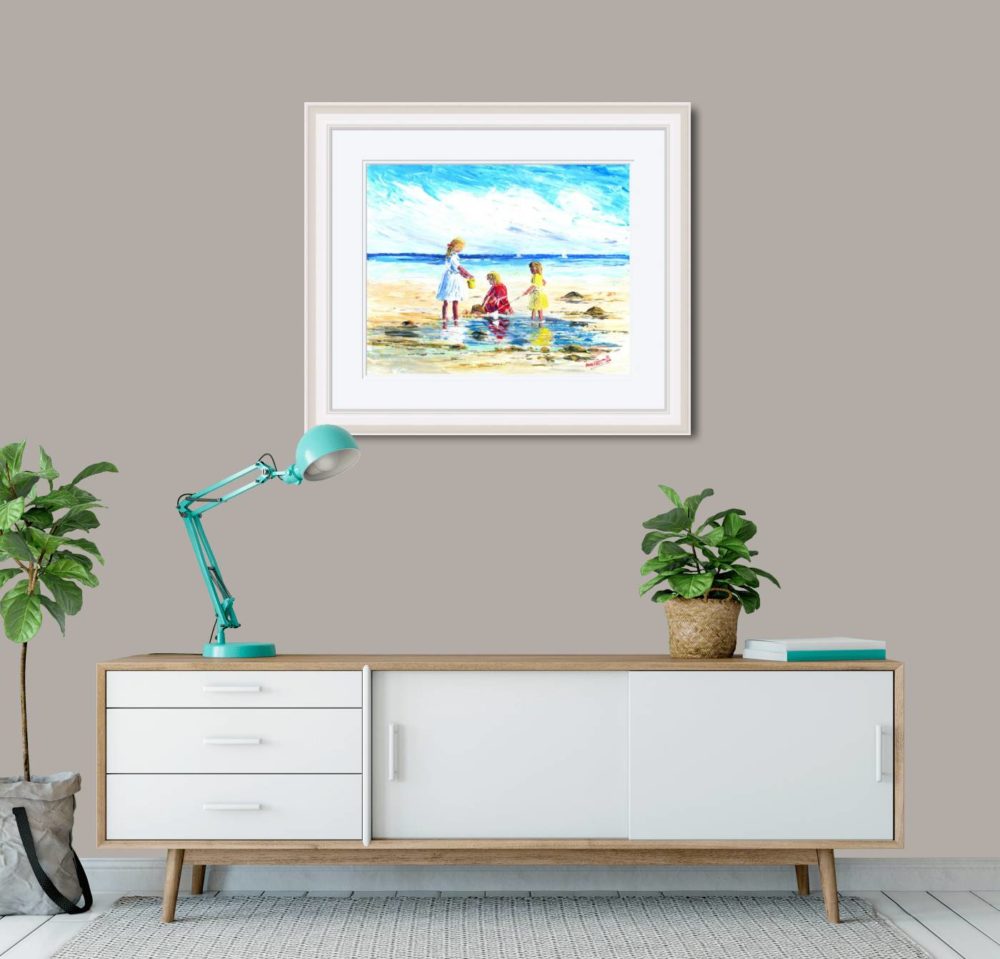 Children In The Rockpools Print (Large) In White Frame In Room