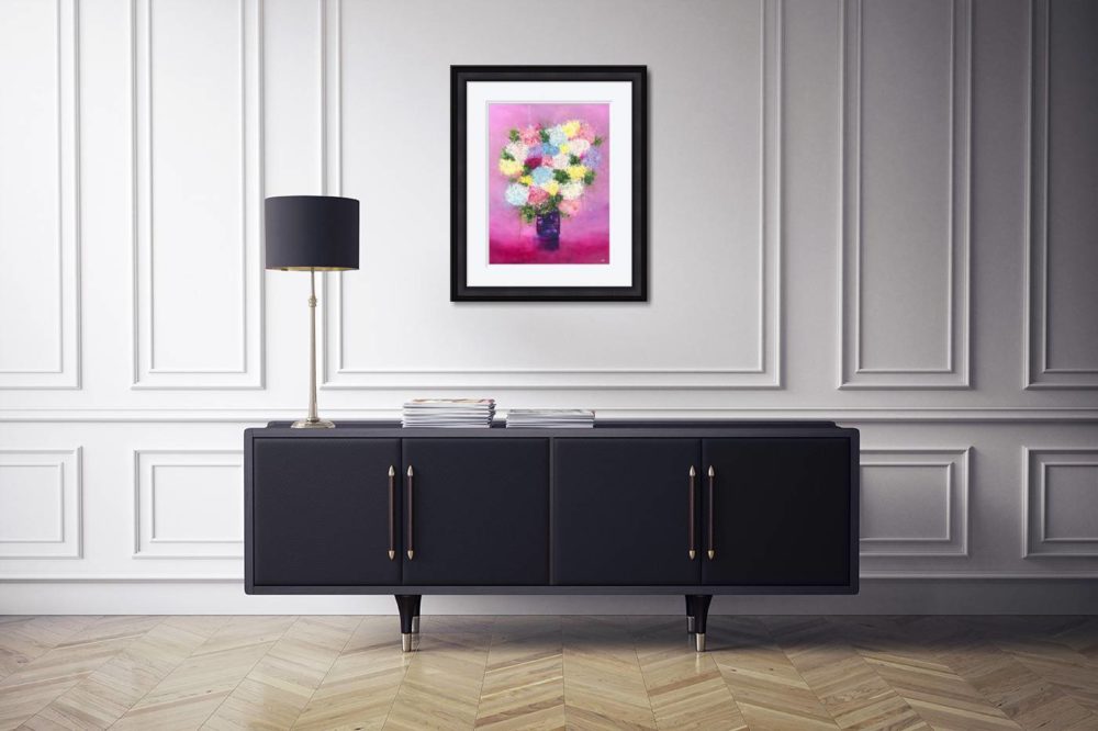 Summer Bouquet Print (Large) In Black Frame In Room