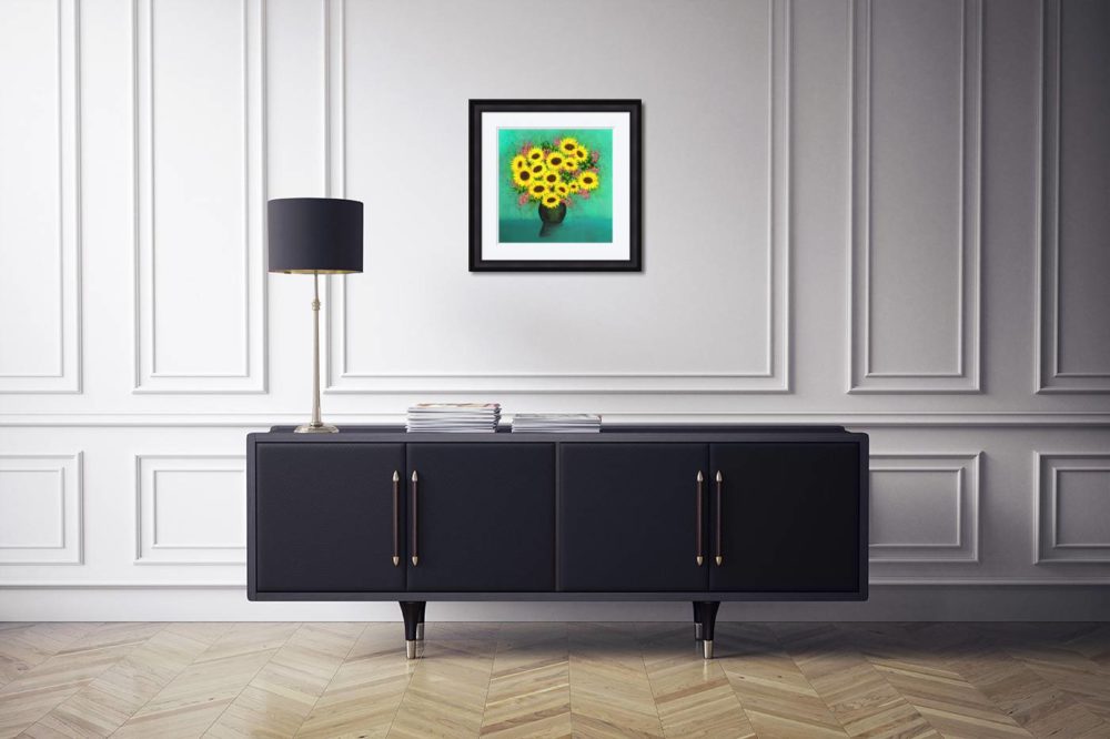 Sunflower Dreams Print (Medium) In Black Frame In Room