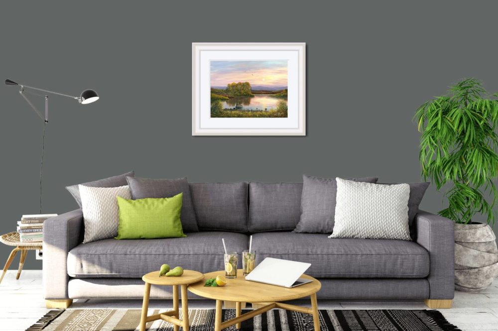 Lough Fea Sunset Print (Large) In White Frame In Room